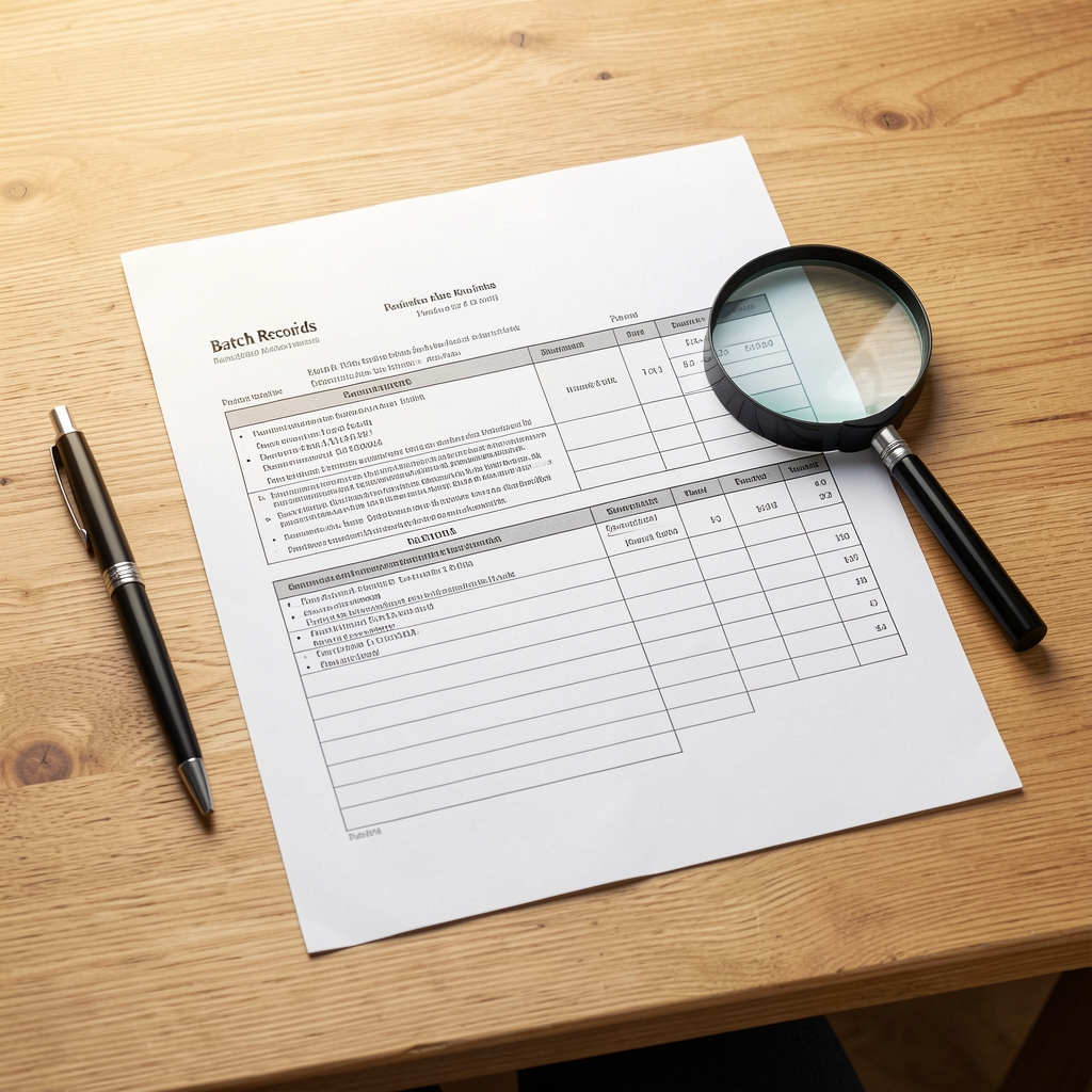 Sourcing documentation and printed batch records laid flat on a natural wood desk with a pen and magnifying glass under bright studio lighting