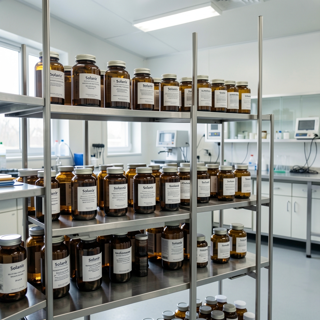 Interior view of the Brastel quality-control area with labelled amber glass jars of raw ingredient compounds arranged on stainless steel shelving in a clean workspace with controlled lighting