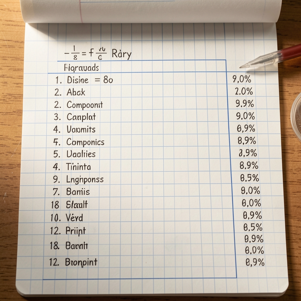 Detailed formulation worksheet with hand-calculated ingredient ratios, column of numbered compounds, and percentage values on graph paper under controlled lighting